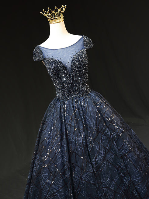 Gothic Royal Blue Tulle Ball Gown Wedding Dress - Cap Sleeve Dress - Royal Blue Prom Dress Plus Size